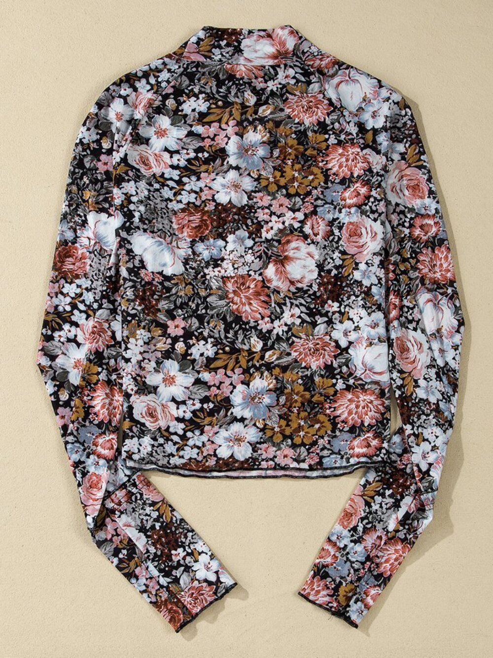 Brown Floral Long Sleeve High Neck Sheath Mesh Blouse - Picture 3 of 9